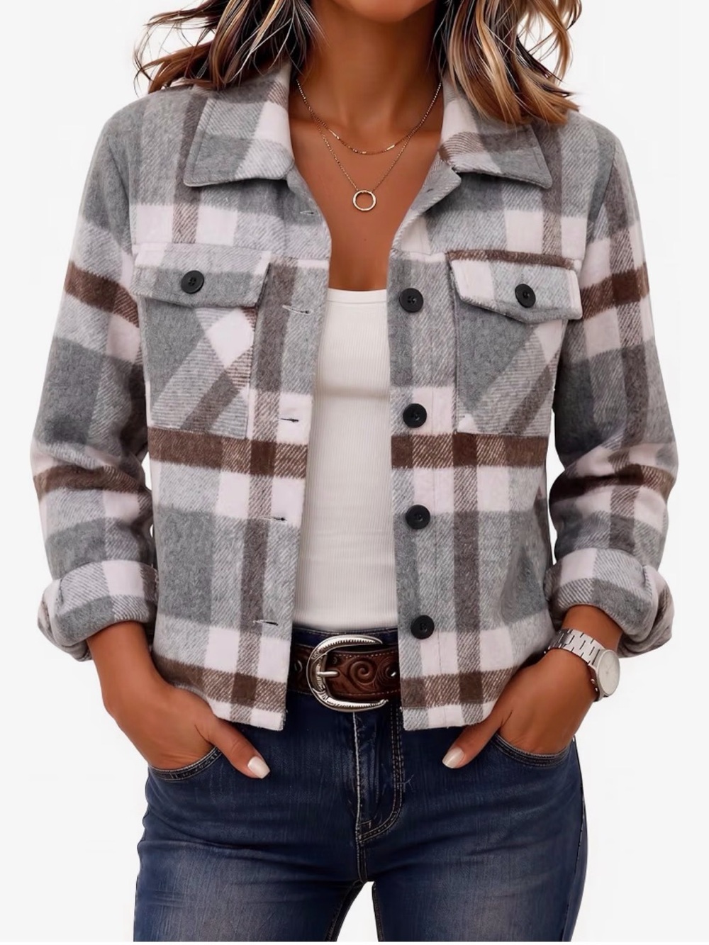 zeagoo Plaid Flannel Jacket - Gray, White & Brown